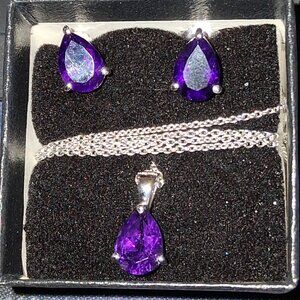 Sterling Silver Amethyst Necklace Earrings Set 5.46 CTW AAA Pear Rhodium